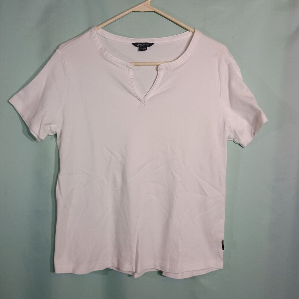 Eddie Bauer Women’s White Split Neck T-Shirt – Short Sleeve Casual Cotton Top